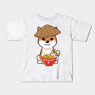 Funny Orange dog is eating noodles Kids T-Shirt